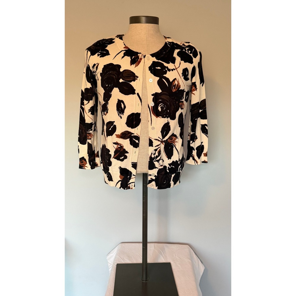Talbots Vintage Floral Cardigan Cream Brown Black Cotton Rayon M Preppy